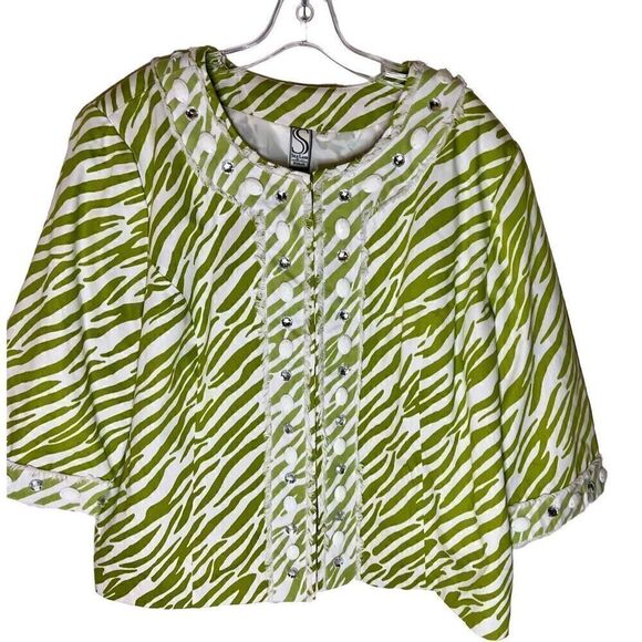 Silk Land Jacket Long Sleeve Boho Lime/White Print Mesh & Jewel Embellished 2XL - Picture 1 of 11